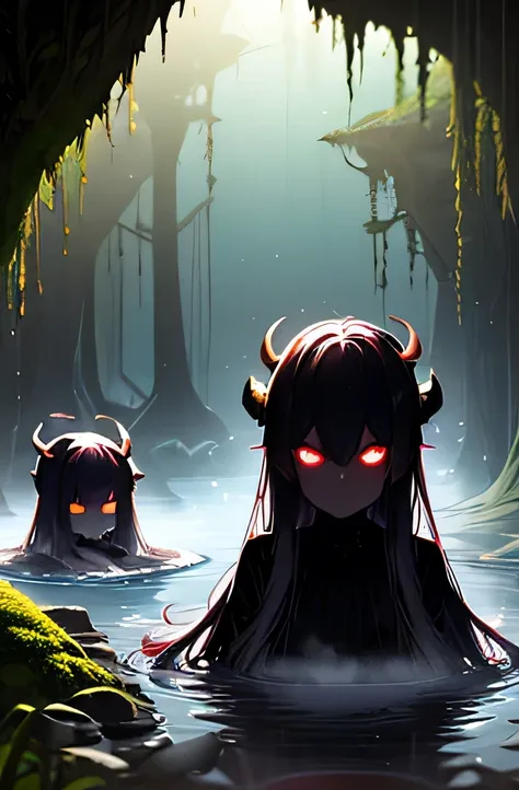 two demon girls, silhouetted bodies, soaking in hot spring in mossy cave with magical markings, thick steam swirling around:1.3, glaring to viewer with judgmental gaze, details obscured by steam and shadows, mysterious lighting, high resolution, best quali...