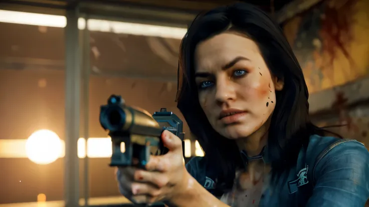 8k, best quality, real picture, intricate details, ultra-detailed, ultra highres, depth field,(photorealistic,realistic:1.2), masterpiece,photo of european girl, miranda, blue eyes, black hair, long hair, (bruise, dirty, torn clothes, blood:1.3), ripped bo...
