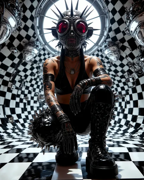 In an environment such as a checkerboard A surreal work that represents a Nordic woman fashion model.  The beautiful punk metal woman wears black leather clothing and spikes with huge platform boots that combine intricate details with abstract and geometri...