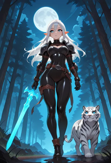 picture of a female drow elf ranger and her pet white tiger, warrior of nature, fighter of nature, a female beautiful epic drow wearing leather armor (masterpiece best quality, amazing quality), leather boots, black skin, thick hair, long hair, white hair,...