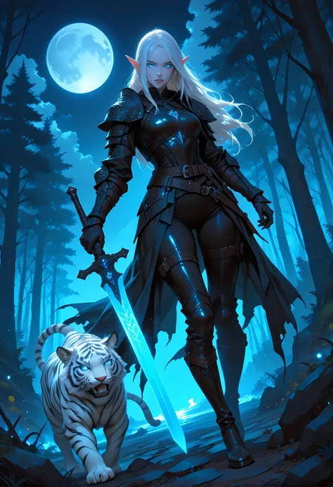 picture of a female drow elf ranger and her pet white tiger, warrior of nature, fighter of nature, a female beautiful epic drow wearing leather armor (masterpiece best quality, amazing quality), leather boots, black skin, thick hair, long hair, white hair,...