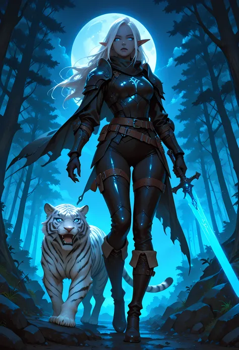 picture of a female drow elf ranger and her pet white tiger, warrior of nature, fighter of nature, a female beautiful epic drow wearing leather armor (masterpiece best quality, amazing quality), leather boots, black skin, thick hair, long hair, white hair,...