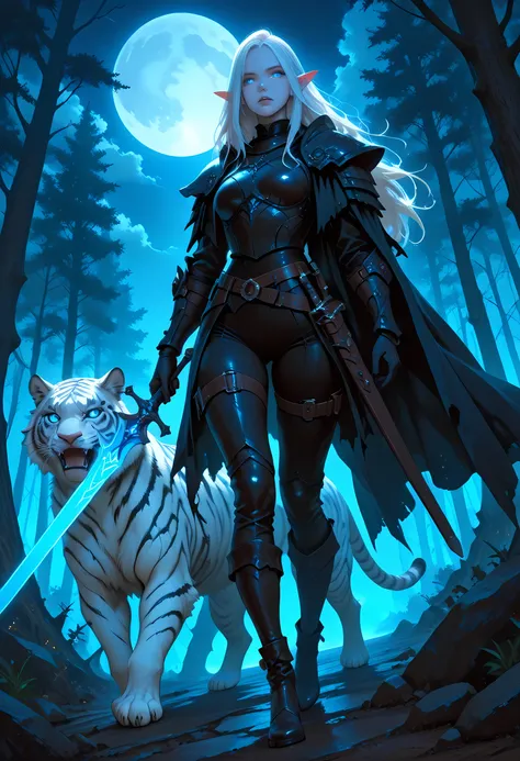 picture of a female drow elf ranger and her pet white tiger, warrior of nature, fighter of nature, a female beautiful epic drow wearing leather armor (masterpiece best quality, amazing quality), leather boots, black skin, thick hair, long hair, white hair,...