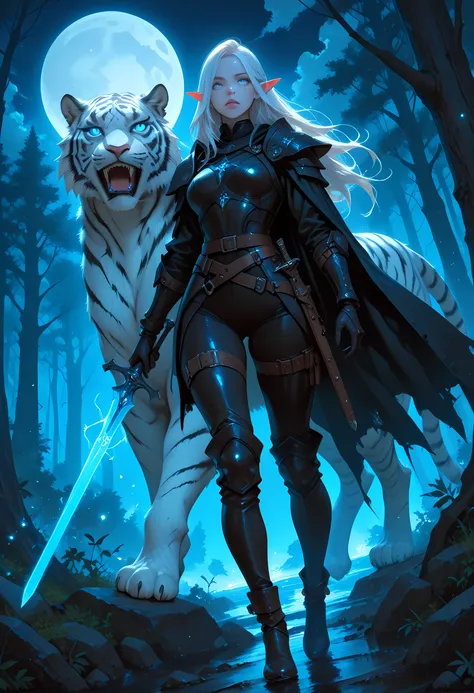 picture of a female drow elf ranger and her pet white tiger, warrior of nature, fighter of nature, a female beautiful epic drow wearing leather armor (masterpiece best quality, amazing quality), leather boots, black skin, thick hair, long hair, white hair,...