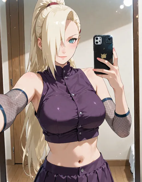 score_9, score_8_up, score_7_up, score_6_up, uncensored. An ultra-detailed 8k manga illustration, (Erotic Portrait of an alluring) character "Ino Yamanaka" from Naruto. InoShipuuden, ((One girl)), blonde hair, high ponytail, hair over one eye, midriff, nav...