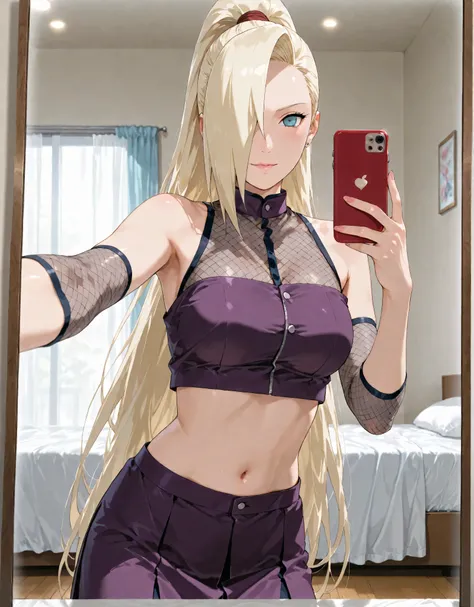 score_9, score_8_up, score_7_up, score_6_up, uncensored. An ultra-detailed 8k manga illustration, (Erotic Portrait of an alluring) character "Ino Yamanaka" from Naruto. InoShipuuden, ((One girl)), blonde hair, high ponytail, hair over one eye, midriff, nav...