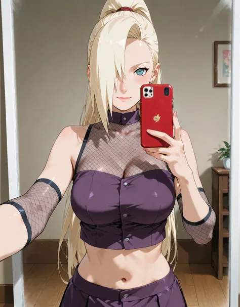 score_9, score_8_up, score_7_up, score_6_up, uncensored. An ultra-detailed 8k manga illustration, (Erotic Portrait of an alluring) character "Ino Yamanaka" from Naruto. InoShipuuden, ((One girl)), blonde hair, high ponytail, hair over one eye, midriff, nav...