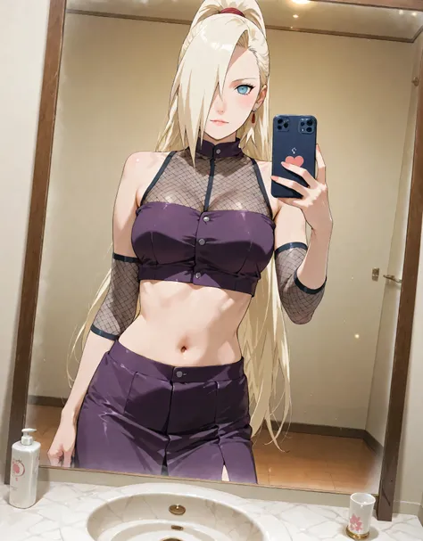 score_9, score_8_up, score_7_up, score_6_up, uncensored. An ultra-detailed 8k manga illustration, (Erotic Portrait of an alluring) character "Ino Yamanaka" from Naruto. InoShipuuden, ((One girl)), blonde hair, high ponytail, hair over one eye, midriff, nav...
