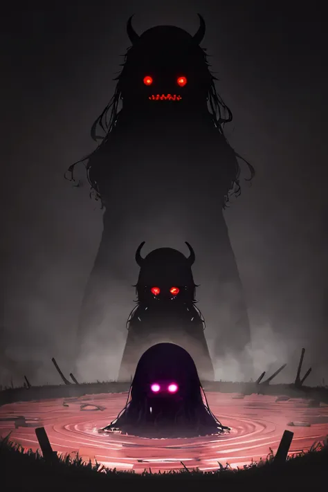 some demon girls with silhouette:1.3, soaking in hot spring in hellish sanctum, thick steam swirling around:1.3, dim ambient lighting, shadowy atmosphere, faint magical glow, glowing piercing eyes glaring to viewer, tense atmosphere, high resolution, best ...