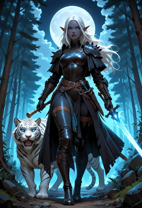 picture of a female drow elf ranger and her pet white tiger, warrior of nature, fighter of nature, a female beautiful epic drow wearing leather armor (masterpiece best quality, amazing quality), leather boots, black skin, thick hair, long hair, white hair,...