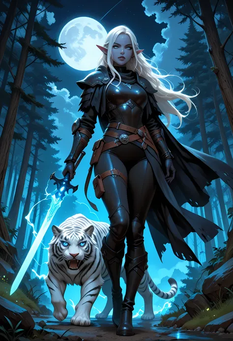 picture of a female drow elf ranger and her pet white tiger, warrior of nature, fighter of nature, a female beautiful epic drow wearing leather armor (masterpiece best quality, amazing quality), leather boots, black skin, thick hair, long hair, white hair,...