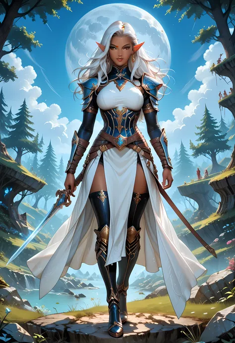 score_9, score_8_up, score_7_up, picture of a female drow elf ranger and her pet white tiger, warrior of nature, fighter of nature, a female beautiful epic drow wearing leather armor (masterpiece best quality, amazing quality), leather boots, black skin, t...