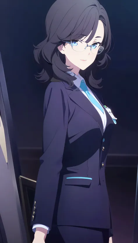 masterpiece, best quality, cg art, solo, 1girl, mature black hair, medium wavy hair, cerulean blue eye, glasses, small breast, dark purple teacher outfit with black blazer, standing, looking at viewer, elegant, reserved, composed, smile, observing gaze, pi...