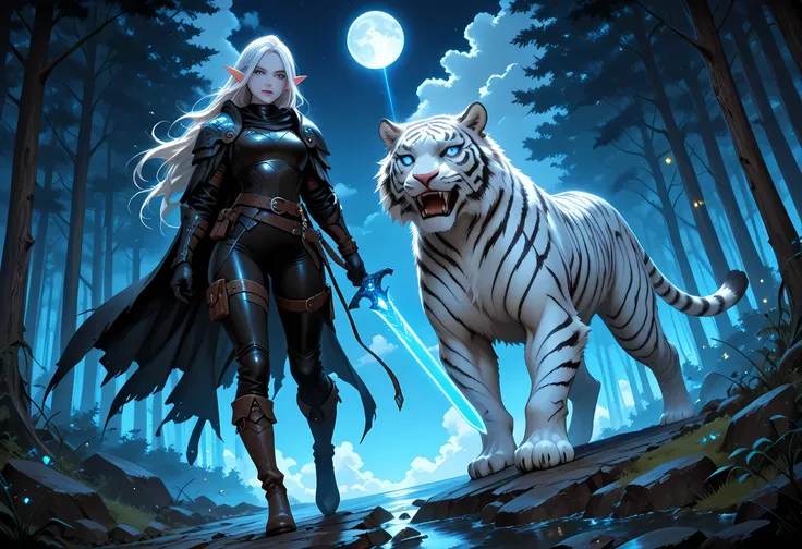 picture of a female drow elf ranger and her pet white tiger, warrior of nature, fighter of nature, a female beautiful epic drow wearing leather armor (masterpiece best quality, amazing quality), leather boots, black skin, thick hair, long hair, white hair,...