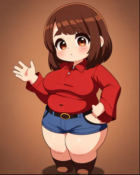 A girl, , brown hair, brown eyes, a very innocent and tender face, her body has a chubby belly, a big voluptuous butt, voluminous and curvy thighs, her dress is a long-sleeved red polo shirt that reverend her belly is put on and uncovered, a pair of jean s...