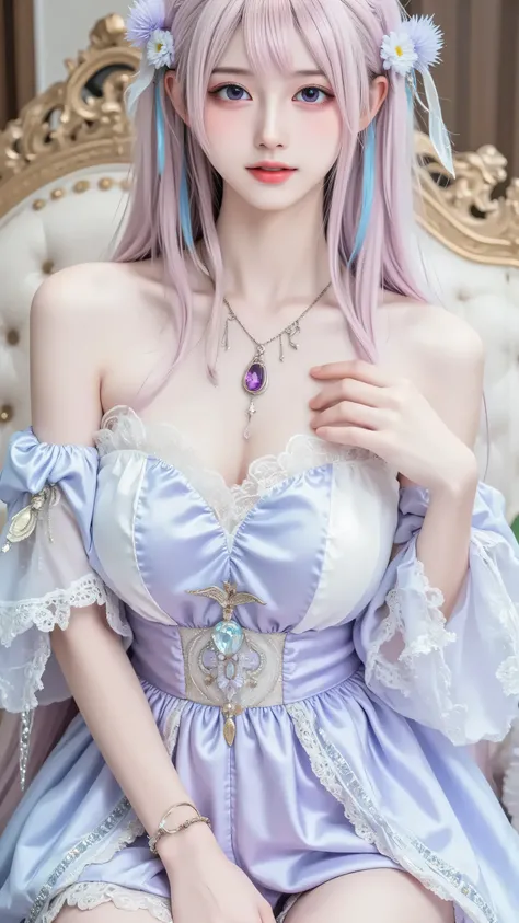 A captivating young woman exuding a fairy-tale charm, photographed with professional precision for FLUX. Her otherworldly allure shines through a flowing, off-shoulder gown with a soft lavender-to-silver gradient, embellished with twinkling crystals and de...