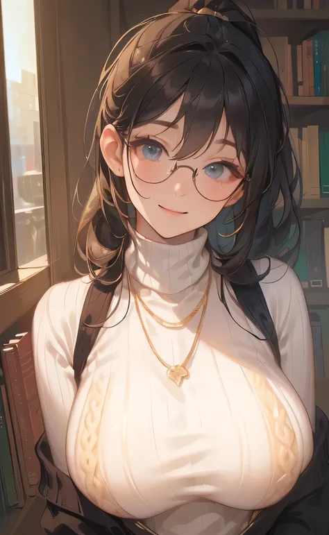 ((Big Breasts:1.6))、((( long ponytail upped:1.9、 Black Hair、Glasses、 gold necklace)))、((turtleneck white sweater:1.4))、((A cheerful expression:1.4))、 PORTRAIT、 Closeup 、 Libraries 、Wall of books 、masterpiece、Best Quality、 elaborate details 、 real、