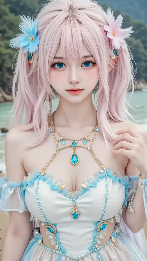 An ethereal fairy-tale heroine, photographed with meticulous care for a FLUX-generated image. She wears a luminous off-shoulder dress with a white-to-pale-aqua gradient, encrusted with twinkling gemstones and intricate floral beadwork. Her pastel pink hair...