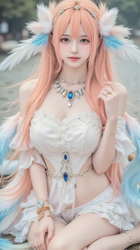An otherworldly young woman with a fairy-tale essence, shot professionally for FLUX. Her off-shoulder gown glows with a white-to-soft-coral gradient, encrusted with radiant jewels and intricate silver filigree. Her pastel pink hair, lightly accented with b...
