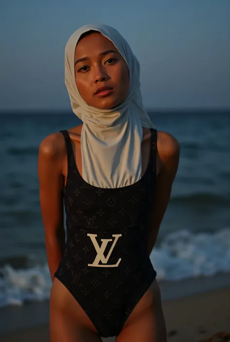 Front posing, Wearing Scarf neck tie, Front posing, SUPER SKINNY,  (Thighs and calves small muscles), (((GLOOMY FACE EXPRESSION))), "Wearing Hijab perfectly",  wearing Scoop Neck Sleeveless 'Louis Vuitton brand logo print' dark blue plain Bodysuits straple...