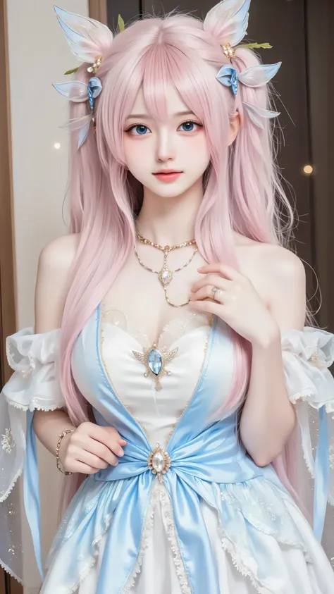 A mesmerizing fairy-tale maiden, crafted for FLUX with professional precision. Her pastel pink hair, kissed with blue tips, is arranged in a graceful updo with long twin ponytails, adorned with delicate wing-shaped accessories that enhance her mystical all...