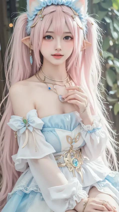 A mesmerizing fairy-tale maiden, crafted for FLUX with professional precision. Her pastel pink hair, kissed with blue tips, is arranged in a graceful updo with long twin ponytails, adorned with delicate wing-shaped accessories that enhance her mystical all...