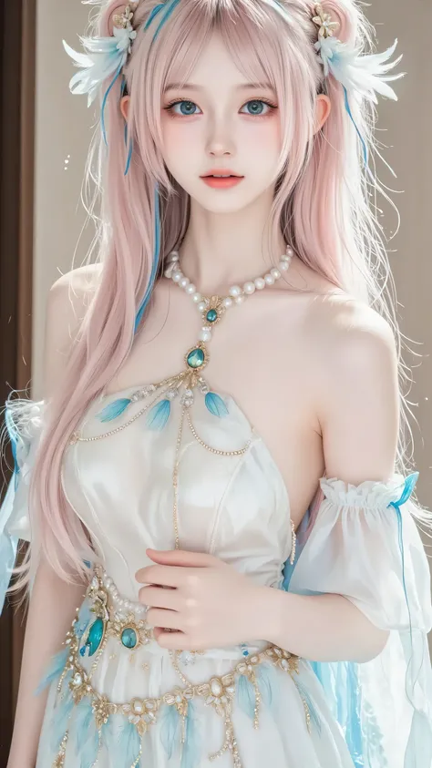 An ethereal fairy-tale heroine, photographed with meticulous care for a FLUX-generated image. She wears a luminous off-shoulder dress with a white-to-pale-aqua gradient, encrusted with twinkling gemstones and intricate floral beadwork. Her pastel pink hair...