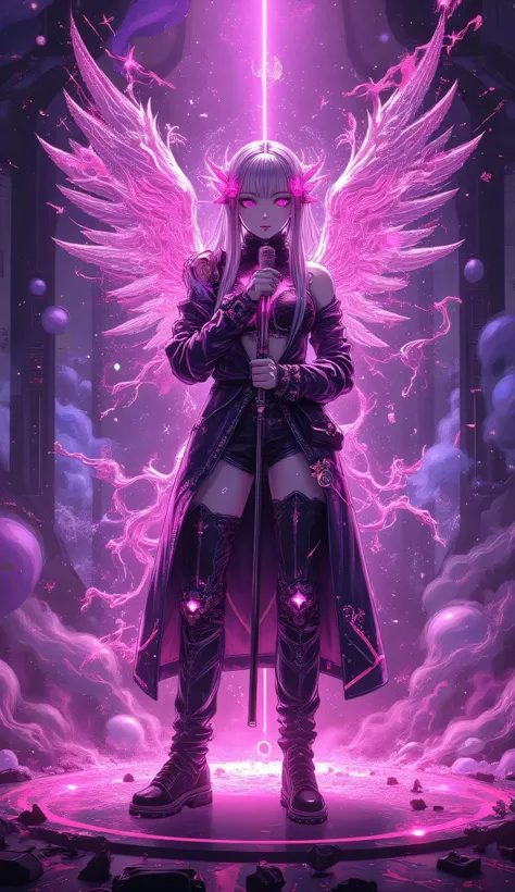 ((masterpiece:1.6)), ((high quality original character:1.5)), ((UHD:1.5)), ((retina:1.4)), ((high details:1.5)), ((ethereal and gothic atmosphere:1.3)), Beautiful sketch, amazing realistic illustration, full body, (A holographic idol born from dazzling lig...