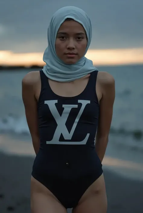 Front posing, Wearing Scarf neck tie, Front posing, SUPER SKINNY, (Thighs and calves muscles), (((GLOOMY FACE EXPRESSION))), "Wearing Hijab perfectly", wearing Scoop Neck Sleeveless 'Louis Vuitton brand big logo print' satin plain Bodysuits STRAPLESS swims...
