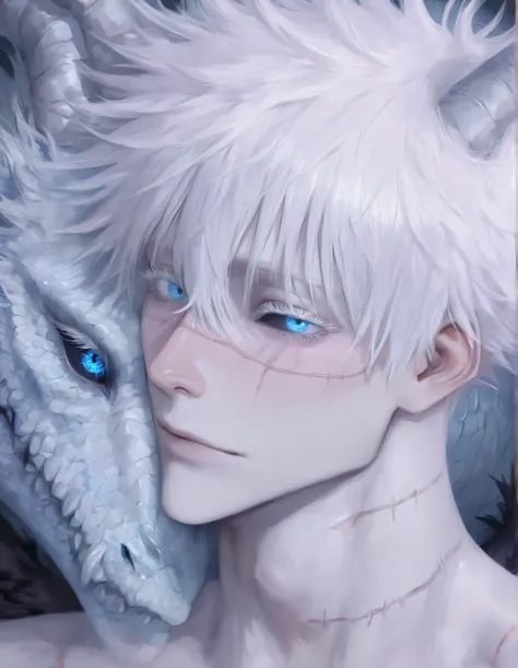 1man, adult, male focus, gojou satoru, jujutsu kaisen, white hair, short hair, ((hair between eyes)), colored eyelashes, white eyelashes, blue eyes, intricate eye iris, detailed eyes, muscular male, sexy man, handsome man, handsome face,
, horror creature,...