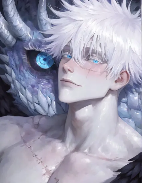 1man, adult, male focus, gojou satoru, jujutsu kaisen, white hair, short hair, ((hair between eyes)), colored eyelashes, white eyelashes, blue eyes, intricate eye iris, detailed eyes, muscular male, sexy man, handsome man, handsome face,
, horror creature,...