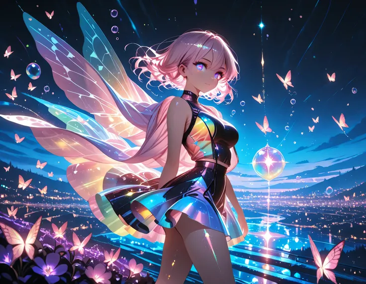 1 girl, violet eyes, light pink hair, short hair, cool, beautiful, medium breast, very cute, lovely, kawaii,
, color fashion outfit,
walking,((( floating clothes,floating hair))),looking at viewer, from side, wind, night,
,(Masterpiece ),(best_quality ...