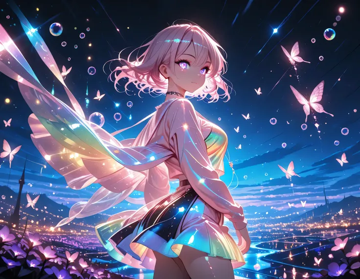 1 girl, violet eyes, light pink hair, short hair, cool, beautiful, medium breast, very cute, lovely, kawaii,
, color fashion outfit,
walking,((( floating clothes,floating hair))),looking at viewer, from side, wind, night,
,(Masterpiece ),(best_quality ...