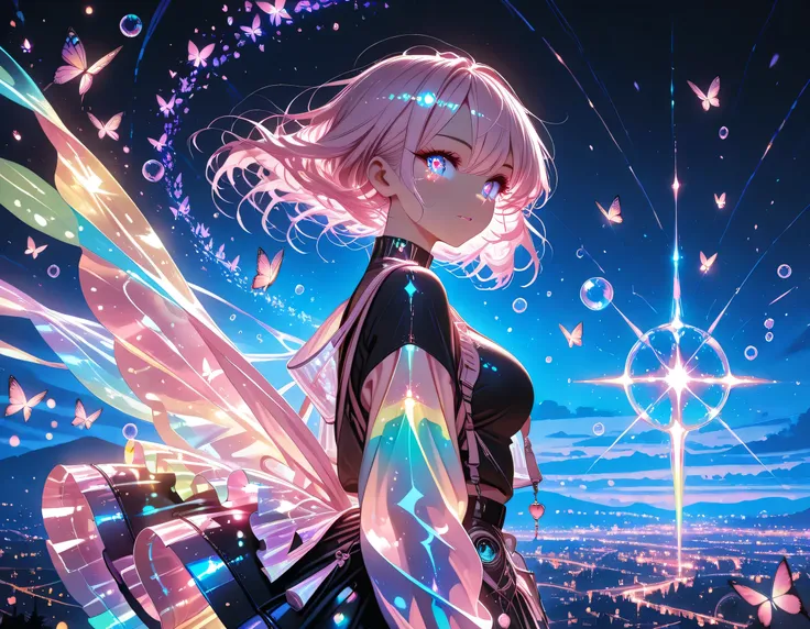 1 girl, violet eyes, light pink hair, short hair, cool, beautiful, medium breast, very cute, lovely, kawaii,
, color fashion outfit,
walking,((( floating clothes,floating hair))),looking at viewer, from side, wind, night,
,(Masterpiece ),(best_quality ...