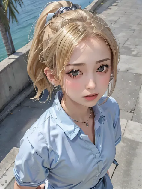 {{masterpiece:1.2}}, {{1woman}}, ((upper body)), ((from above)), ((looking up)), (((look at viewer)), (standing)), ((Seaside Promenade)), 21 years old, ((gal)), ((blonde hair, short hair)), ((ponytail_weave_HAIRSTYLES)), ((school uniform, light blue shirt)...