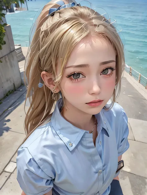 {{masterpiece:1.2}}, {{1woman}}, ((upper body)), ((from above)), ((looking up)), (((look at viewer)), (standing)), ((Seaside Promenade)), 21 years old, ((gal)), ((blonde hair, short hair)), ((ponytail_weave_HAIRSTYLES)), ((school uniform, light blue shirt)...