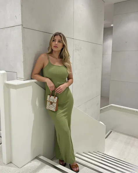 a tall and elegant 30-years old blonde woman with long thick golden wavy hair, fair skin and natural soft makeup, flirty soft smiling gaze, standing on modern indoor stairs in a minimalistic space with concrete-textured light grey walls and white sculpted ...
