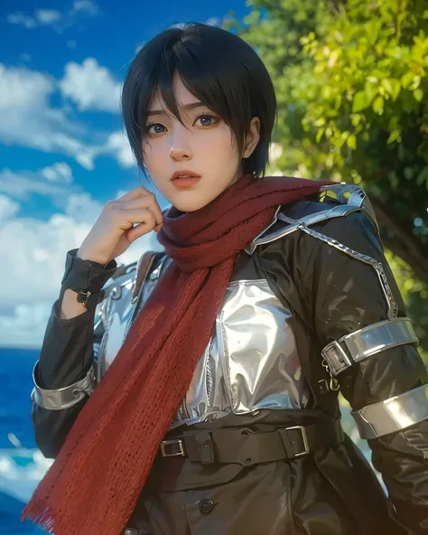 ((MIKASA ACKERMAN_ATTACK ON TITAN))),((realistic, photorealistic)),(highlight hair)), Light reflection, (( HD )),((upper body)), (((best quality, masterpiece))), (masterpiece) (best quality) (detail) (8k) (HDR) (wallpaper) (cinematic lighting) (sharp focua...