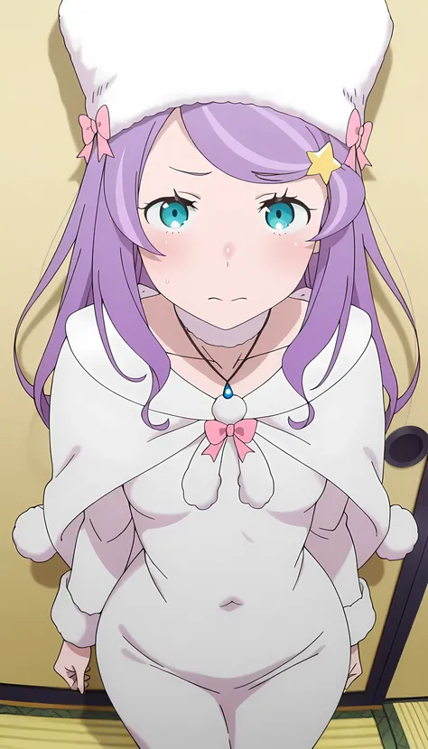 amazing quality, best quality, masterpiece, newest, highres, absurdres, anime screencap, anime coloring, detailed background, screencap, anastasia hoshin, 1girl, solo, long hair, blue eyes, purple hair, swept bangs, mature female, small breasts, tight dres...