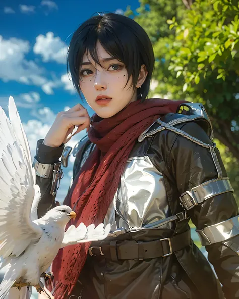 ((MIKASA ACKERMAN_ATTACK ON TITAN))),((realistic, photorealistic)),(highlight hair)), Light reflection, (( HD )),((upper body)), (((best quality, masterpiece))), (masterpiece) (best quality) (detail) (8k) (HDR) (wallpaper) (cinematic lighting) (sharp focua...