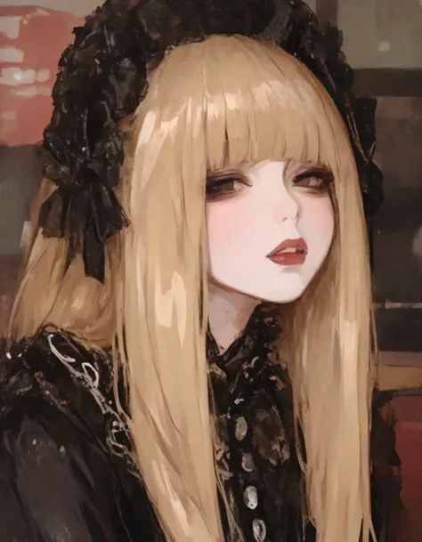 best quality, masterpiece, 748cm style, Gothic ta, blonde, blunt bangs, cute, natural cosmetic, adult female face, full lips, cute poses, stylish cafe,