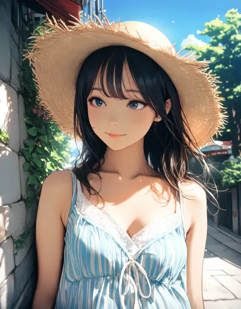 1girl, year 2019, upper body, early summer, montmartre, blue sky, casual clothes, masterpiece, high score, great score, absurdres, 16k, Ultra detailed, (photorealistic : 0.5)