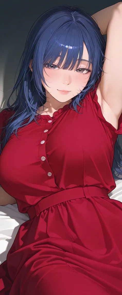 armstb,armpit stubble,Young man with long blue hair, red maroon colour dress wearing a short sleeve blouse,Reclining, cold light, relaxed expression, realistic skin, subtle focus on the armpit, soft texture on the skin, seen from above, close side angle, ...