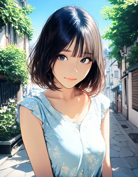 1girl, year 2019, upper body, early summer, montmartre, blue sky, casual clothes, masterpiece, high score, great score, absurdres, 16k, Ultra detailed, (photorealistic : 0.5)