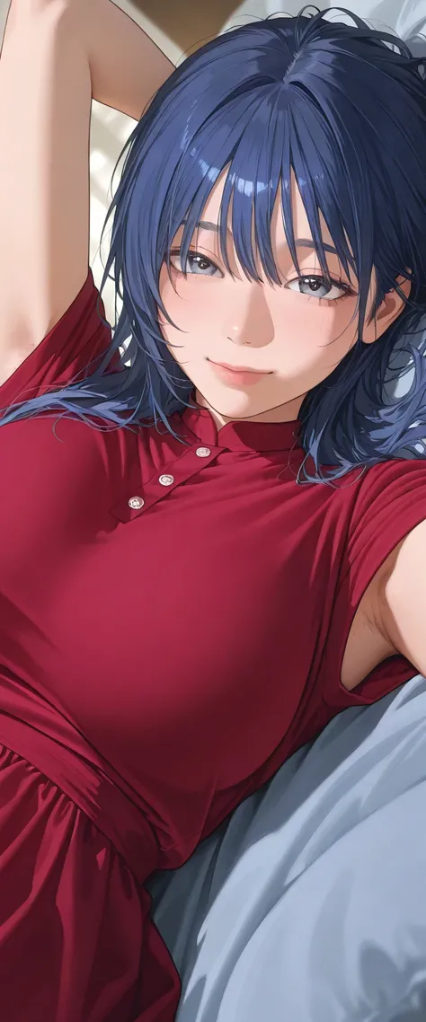 armstb,armpit stubble,Young man with long blue hair, red maroon colour dress wearing a short sleeve blouse,Reclining, cold light, relaxed expression, realistic skin, subtle focus on the armpit, soft texture on the skin, seen from above, close side angle, ...