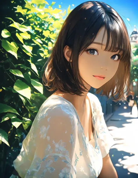 1girl, year 2019, upper body, early summer, montmartre, blue sky, casual clothes, masterpiece, high score, great score, absurdres, 16k, Ultra detailed, (photorealistic : 0.5)