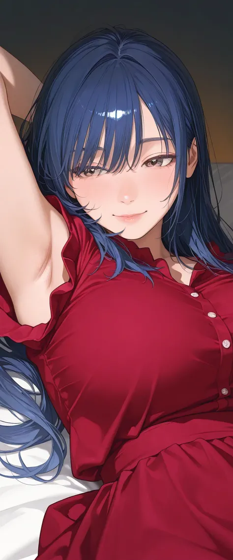 armstb,armpit stubble,Young man with long blue hair, red maroon colour dress wearing a short sleeve blouse,Reclining, cold light, relaxed expression, realistic skin, subtle focus on the armpit, soft texture on the skin, seen from above, close side angle, ...
