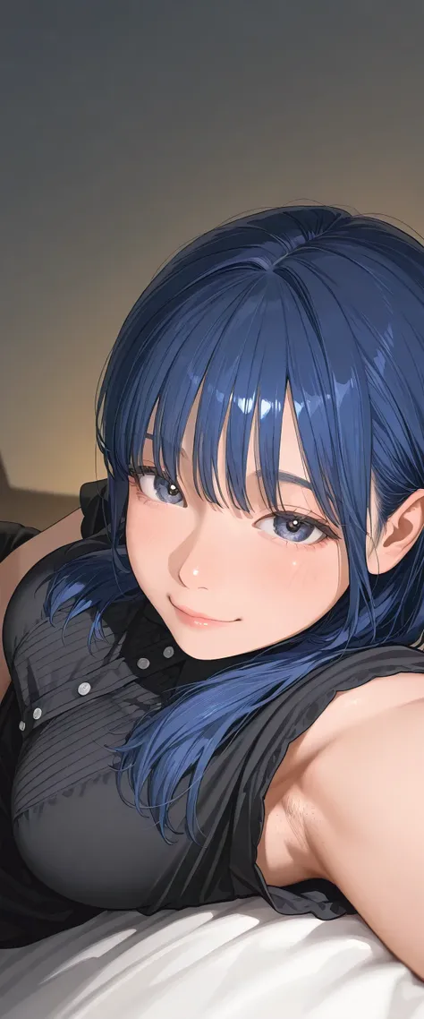 armstb,armpit stubble,Young man with long blue hair, black dress wearing a short sleeve blouse,Reclining, cold light, relaxed expression, realistic skin, subtle focus on the armpit, soft texture on the skin, seen from above, close side angle, intimate fra...
