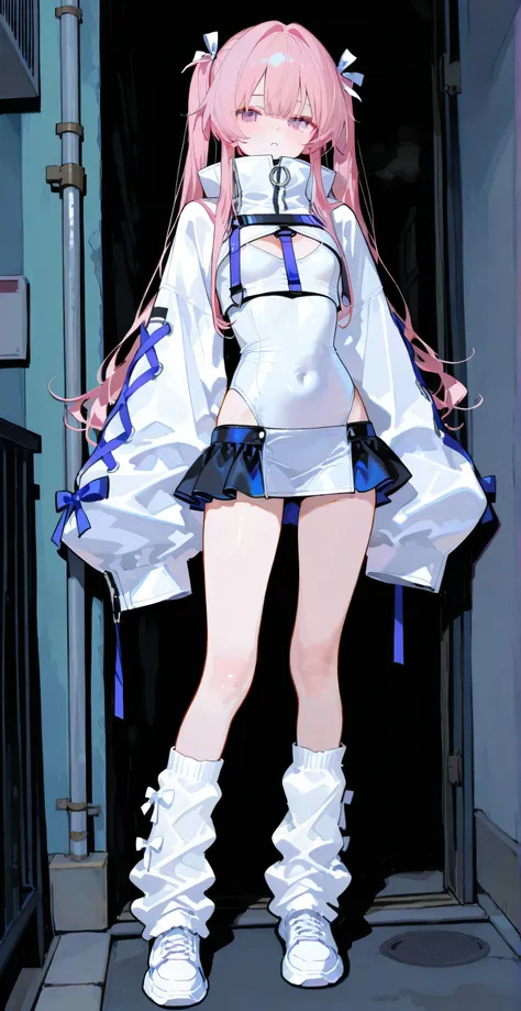 short skirt, flat chest, clothed, covered body, tight clothes, cropped clothes, oversized longsleeve, loose socks, medium breasts, long hair, detailed clothes decoration,