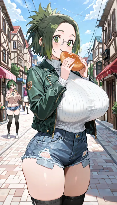 ( best quality , 8k , masterpiece , incredibly absurdres , beautiful woman , perfect body , super detailed skin , highly detailed eyes and face ) , 1 person , Himiko Agari , green hair. , short hair , ponytail , green eyes , glasses , smile , will be happy...